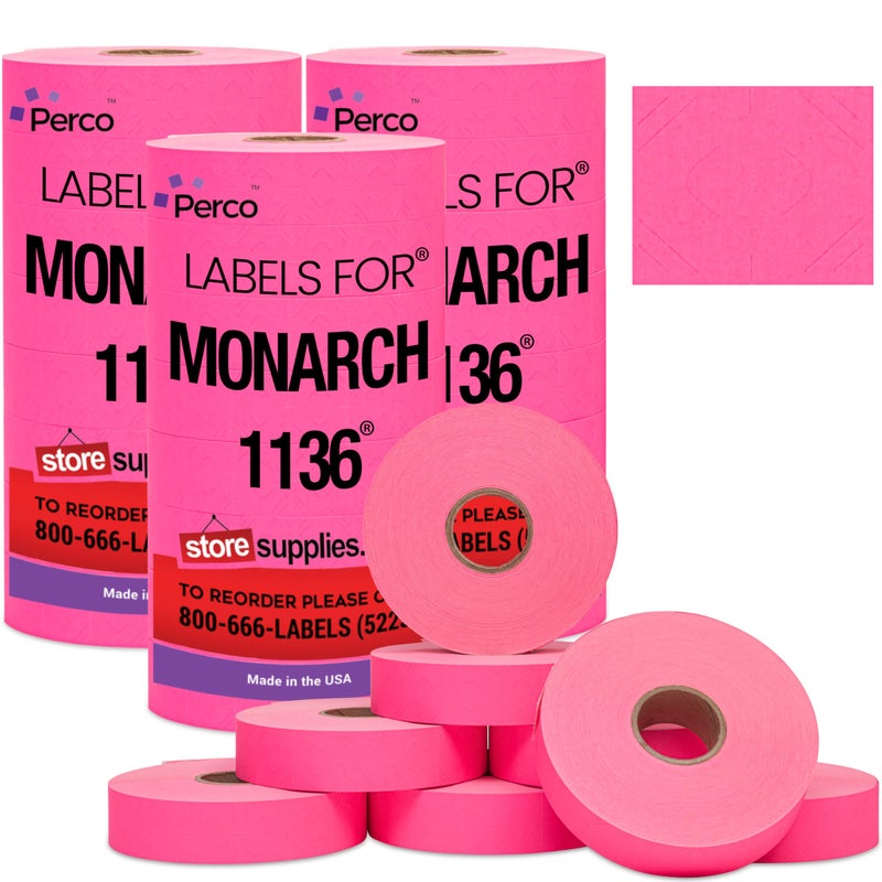 Perco Fuorescent Pink Pricing Labels for Monarch 1136 Price Gun â€“ 3 Sleeves, 24 Rolls Value Pack - 42,000 Price Marking Labels â€“ with Ink Rolls Included - Image 1